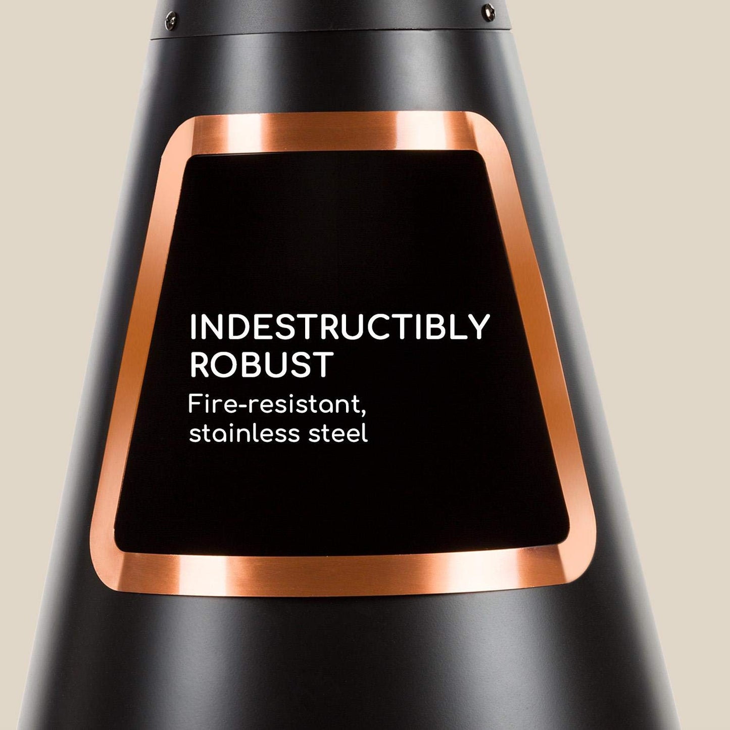 blumfeldt Volantis Cupric - Chimenea de Patio, Horno de terraza, FireView, Acero, Inoxidable, Diseño Moderno con Partes en Cobre, Estable, Antivuelco, Parrila para carbón y atizador, Negro
