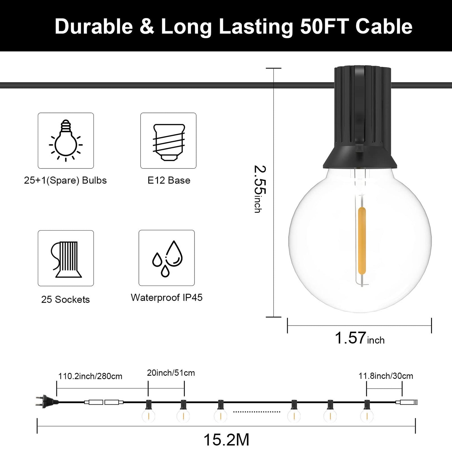 GLUROO 15M Guirnaldas Luminosas de Exterior, Cadena de Luces Exterior con 26 Bombillas E12 de Plástico Inastillable G40, Impermeable IP45 Guirnaldas Luces LED para de Jardines Patios Bares Fiestas