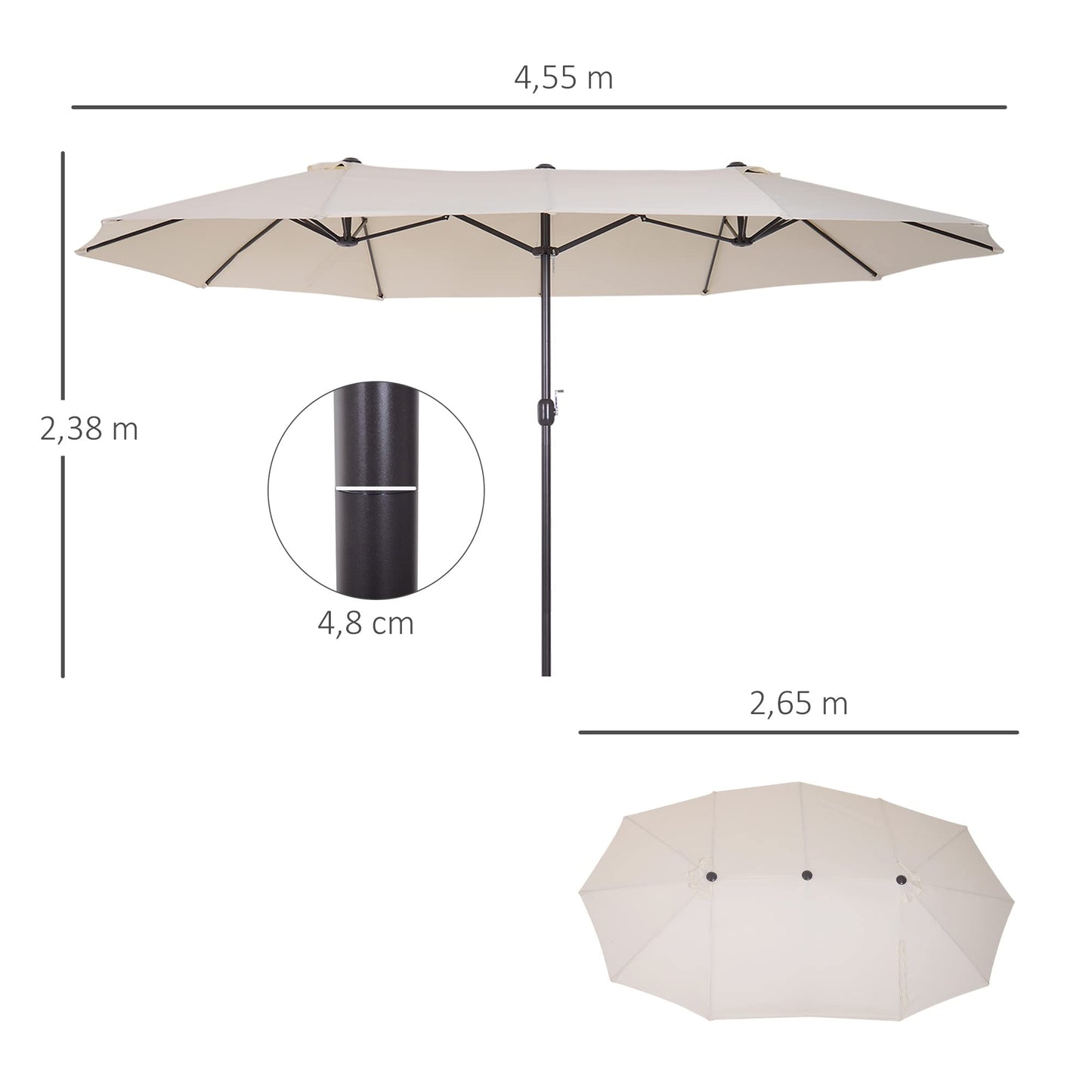 Outsunny Sombrilla Parasol Doble para Jardín 4,55x2,65x2,38 m Sombrilla Gigante Anti UV con Manivela para Exterior Patio Terraza Piscina Color Beige