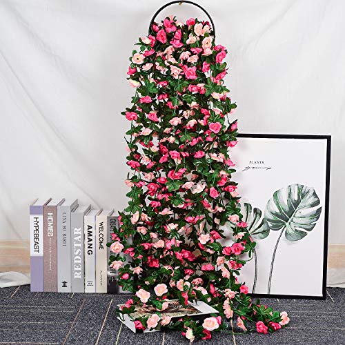 YQing 4 Piezas Artificiales Rosas Flores Guirnalda, 250cm Rosas Falsas Artificial Flor Rosa Vid Planta con Hojas de Hiedra Verde para la decoración del jardín del Banquete de Boda (Rosado)