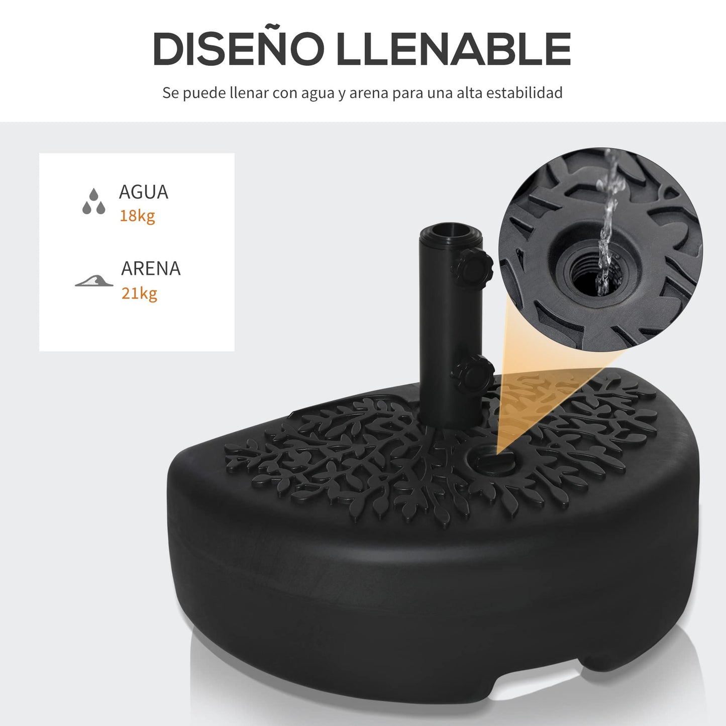 Outsunny Base de Pared para Sombrilla Ø38/48 mm Soporte Semicircular de Parasol Rellenable de Arena 21 kg o Agua 18 kg para Jardín Patio Terraza Exterior 50x31x38 cm Negro
