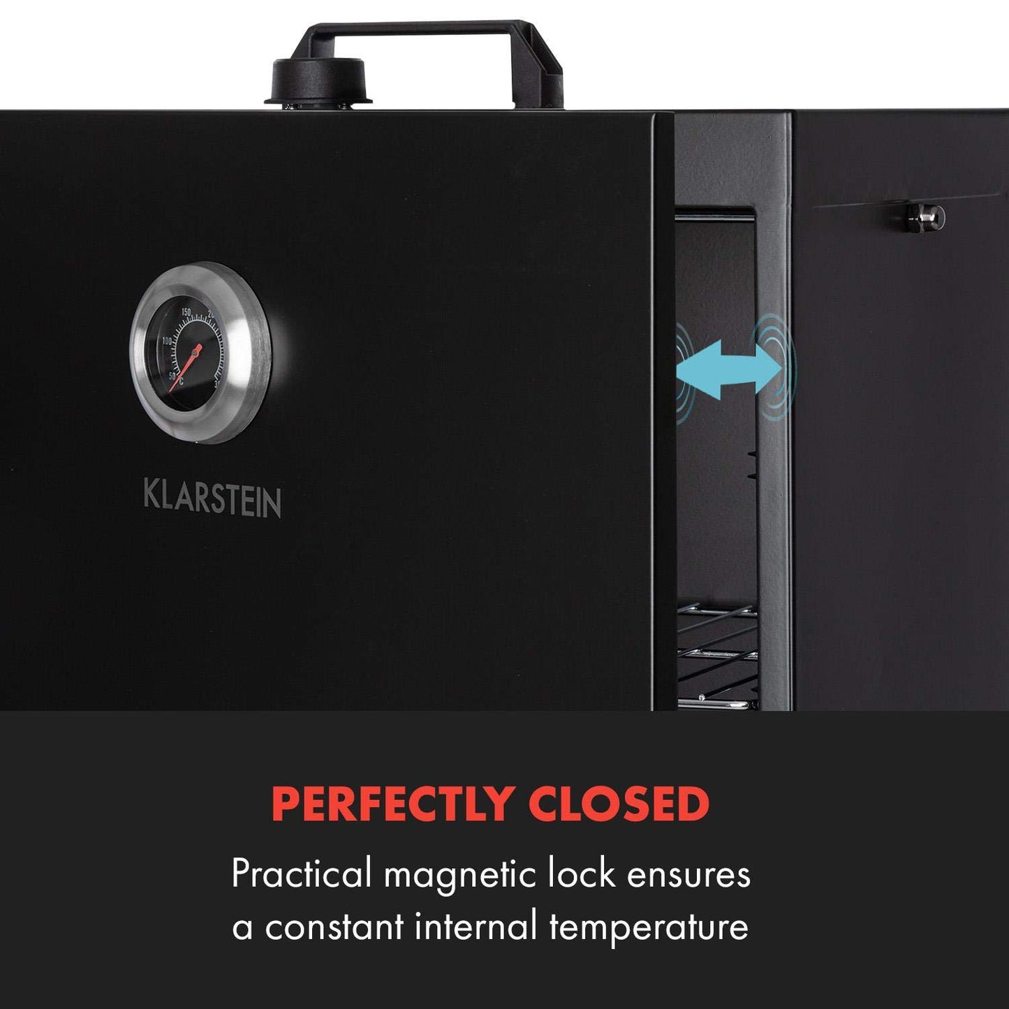 Klarstein Flintstone Steel - horno para ahumar, Ahumador, Acero inoxidable negro, 1600 W, Termostato regulable, Termómetro integrado, 3 parrillas, Doble puerta de acero inoxidable, Negro