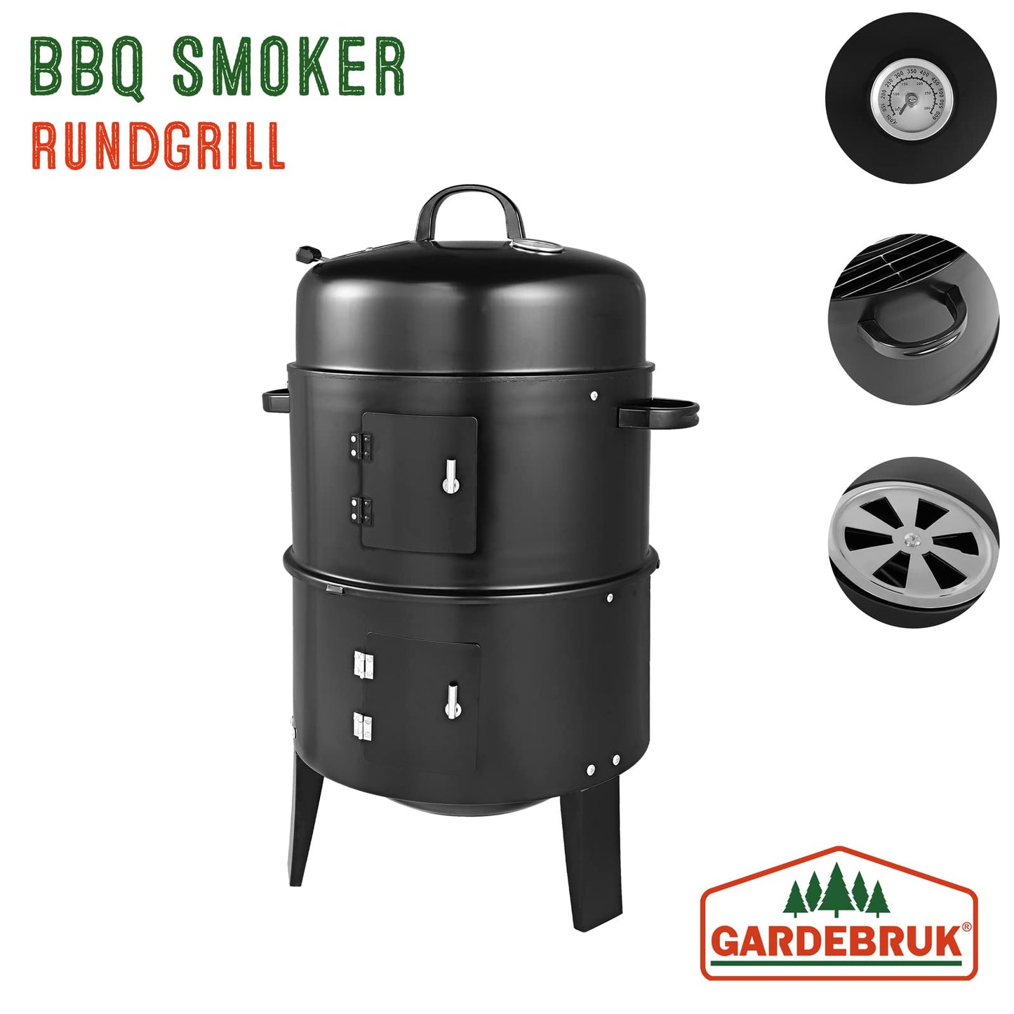 Gardebruk Barbacoa Ahumador de Carbón 3en1 Barril de Parrilla con Termómetro Plegable Horno para Ahumar Grill