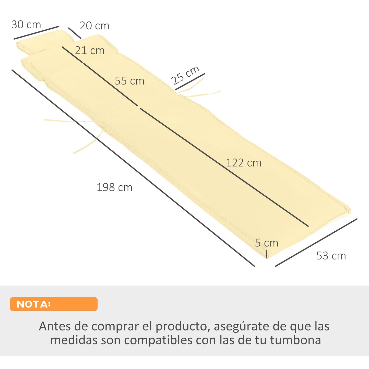 Outsunny Cojín para Tumbona de Exterior 198x53x5 cm Desenfundable y Lavable con Reposacabezas Extraíble Colchoneta Plegable de Algodón para Silla Reclinable de Jardín Crema