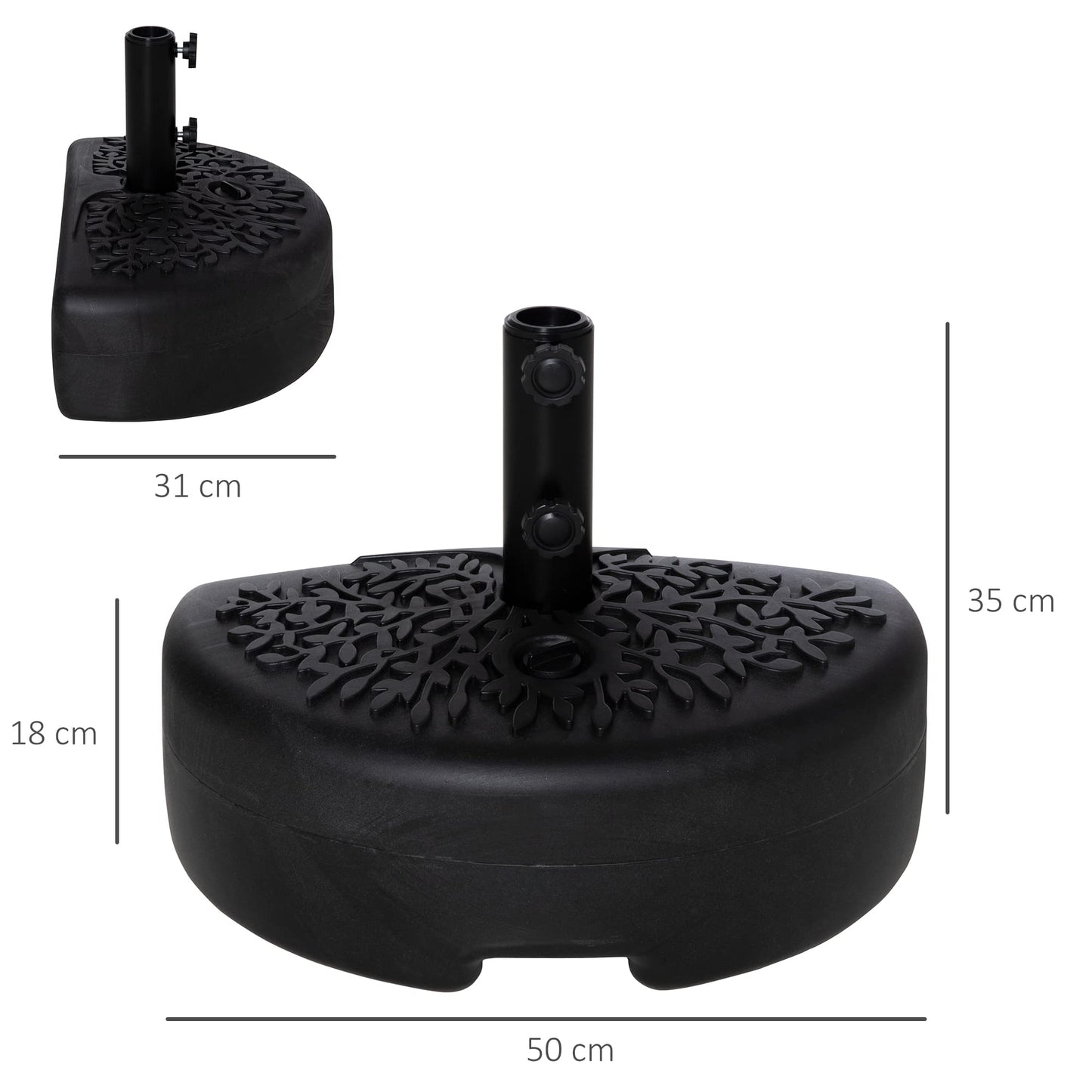 Outsunny Base de Pared para Sombrilla Ø38/48 mm Soporte Semicircular de Parasol Rellenable de Arena 21 kg o Agua 18 kg para Jardín Patio Terraza Exterior 50x31x18 cm Negro