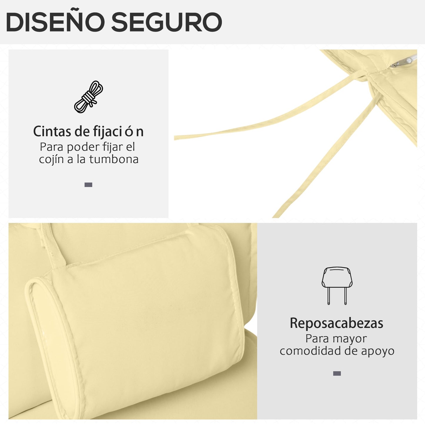 Outsunny Cojín para Tumbona de Exterior 198x53x5 cm Desenfundable y Lavable con Reposacabezas Extraíble Colchoneta Plegable de Algodón para Silla Reclinable de Jardín Crema