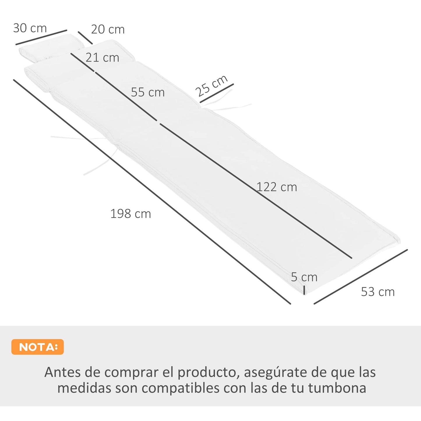 Outsunny Cojín para Tumbona de Exterior 198x53x5 cm Desenfundable y Lavable con Reposacabezas Extraíble Colchoneta Plegable de Algodón para Silla Reclinable de Jardín Crema
