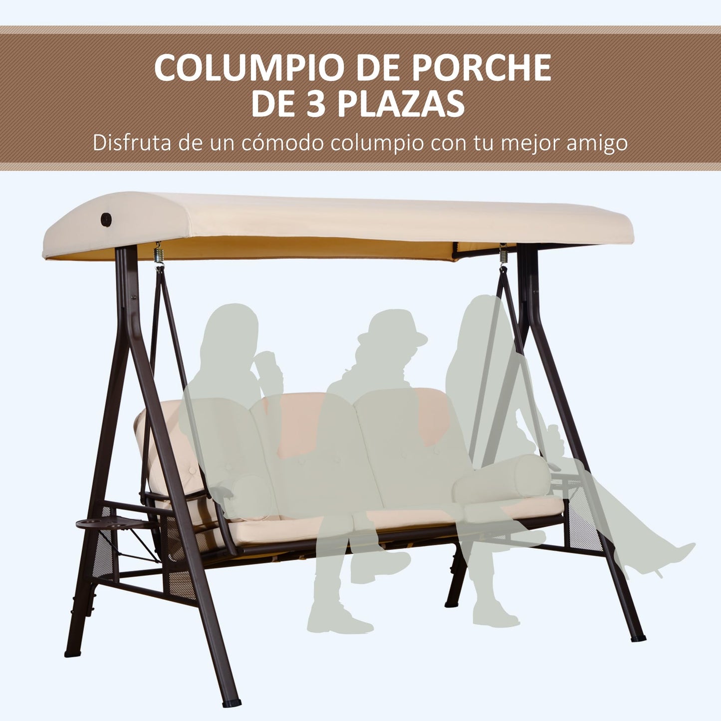 Outsunny Columpio Balancín de Jardín de 3 Plazas con Techo Parasol 2 Cojines Bandeja para Bebidas y Marco de Metal para Terraza Balcón Exterior Carga MAX. 360 kg 207x120,5x174 cm Beige