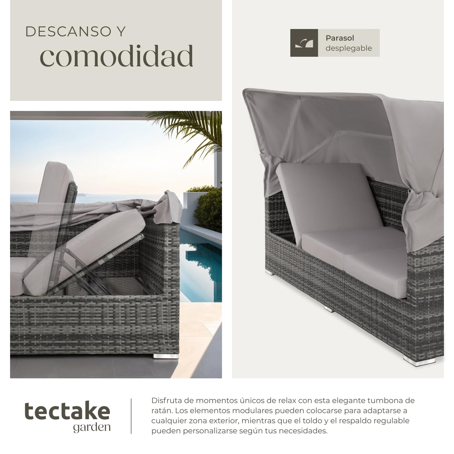TecTake® Conjunto Jardín de Ratán con Cojines Grosor 10 cm, Muebles Jardín Exterior 2 Sofás, 2 Sillones, 1 Taburete, Conjunto Terraza Resistente a la Intemperie, Respaldo Ajustable, Sin Montaje - Gris