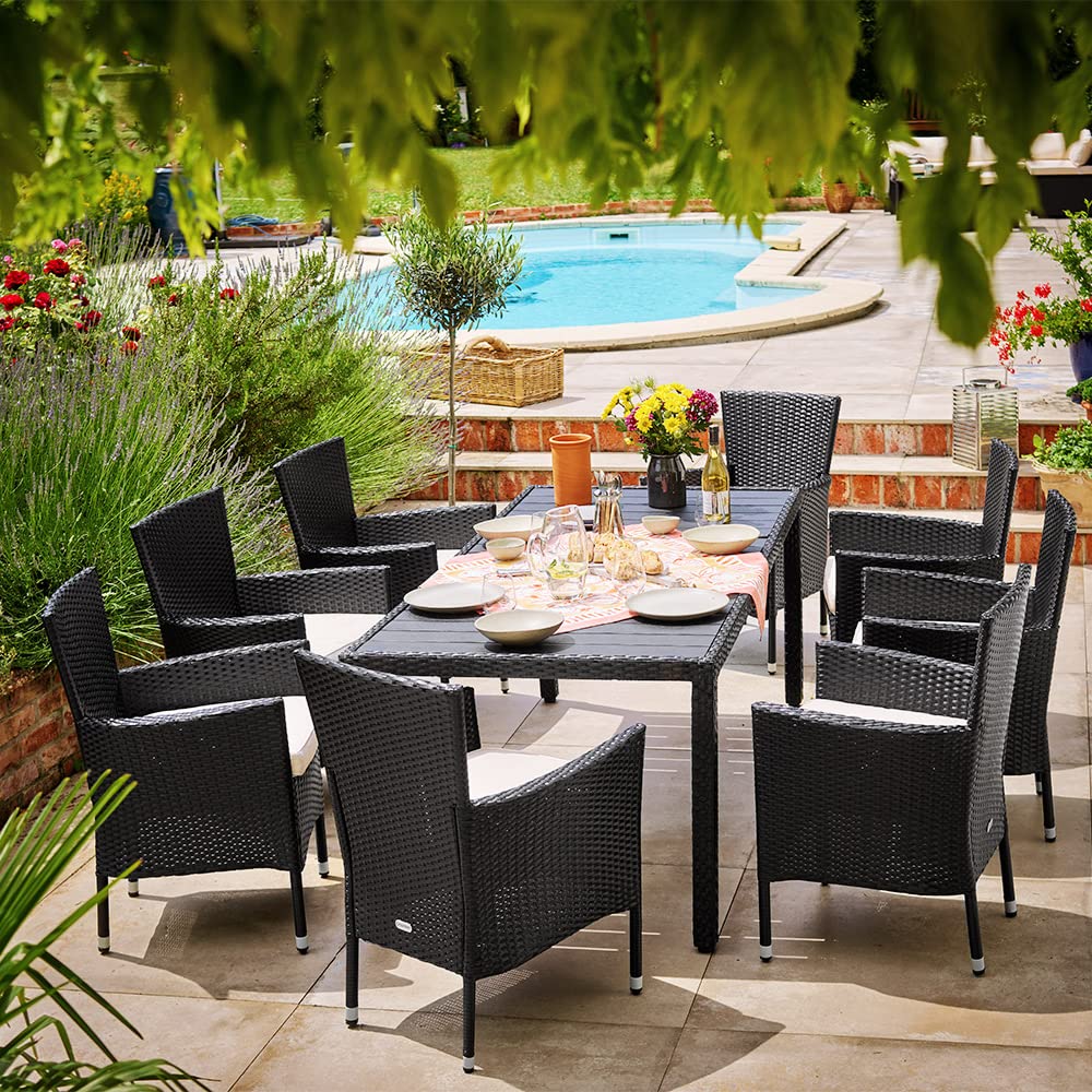 CASARIA Conjunto de Jardín para 8 Personas 1 Mesa y 8 Sillas Apilables de Poliratán Negro Muebles de Exterior