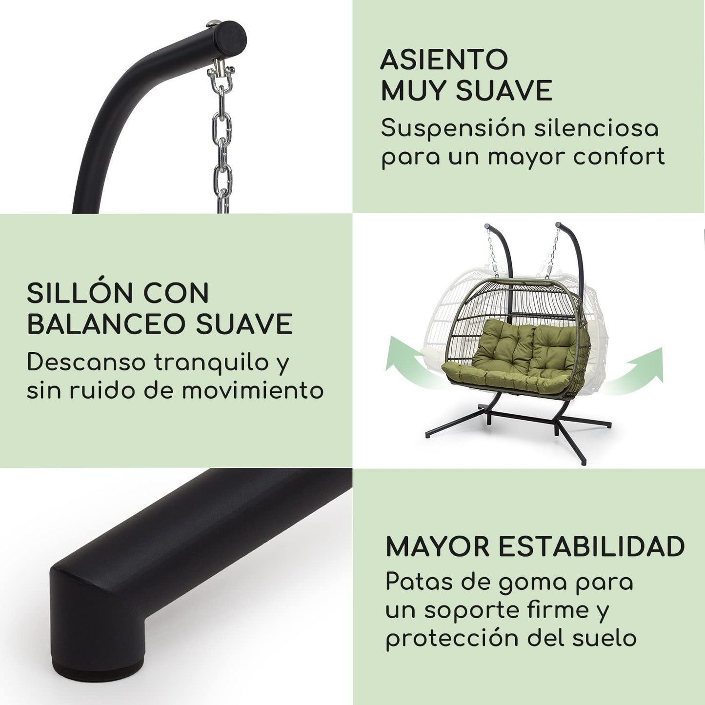 Blumfeldt Columpio Jardin Exterior Doble, Silla Colgante con Soporte para Colgar con Base para Jardín Patio y Dormitorio, Hamaca Colgante con 2 Cojines, Balancin Jardin Exterior Mimbre Resistente