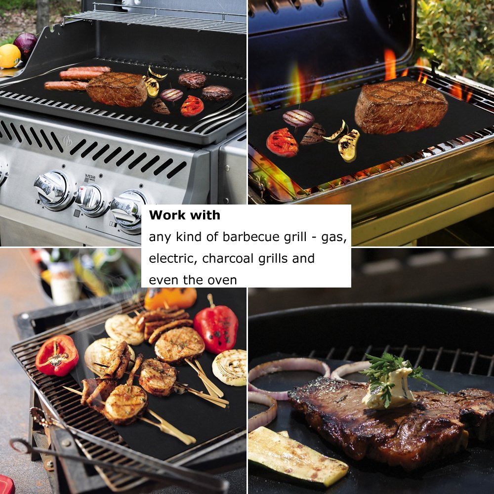 Set de 5 alfombrillas Beeway para barbacoa, bandejas antiadherentes para barbacoa de carbón, gas o eléctrica, resistentes al calor, reutilizables y fáciles de limpiar, aprobadas por la FDA; incluye pinzas de 30.5 cm para barbacoa