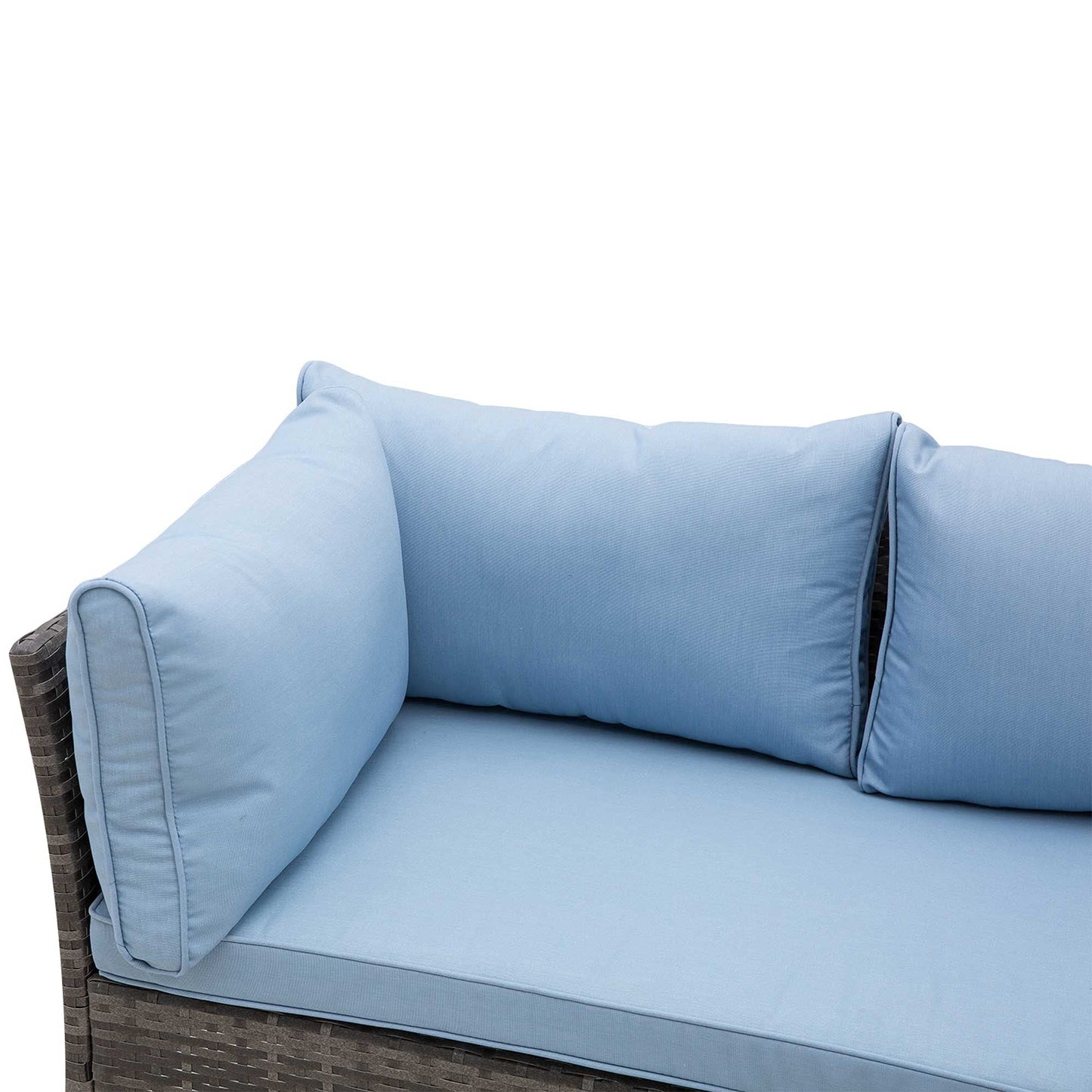 Outsunny Conjunto de Jardín de Ratán Sintético de 4 Piezas Muebles de Jardín con 2 Sofás de 2 Plazas 1 Mesa de Centro y Cojines Anti-UV para Patio Terraza Gris y Azul
