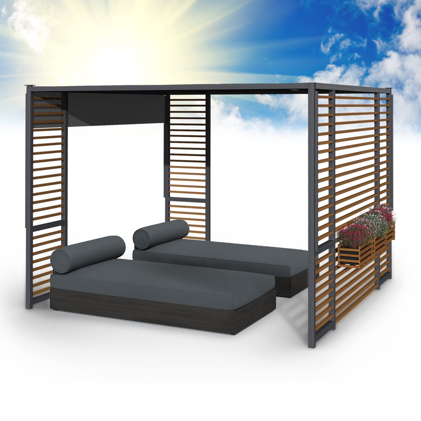 blumfeldt Carpa Jardin 3 x 3 m, Cenador para Jardin con Listones de Madera, Tamaño Grande y Resistente al Agua y Aire, Cenadores para Jardin 1,5W, Pergola de Diseño con Luces Solares LED, UV50+