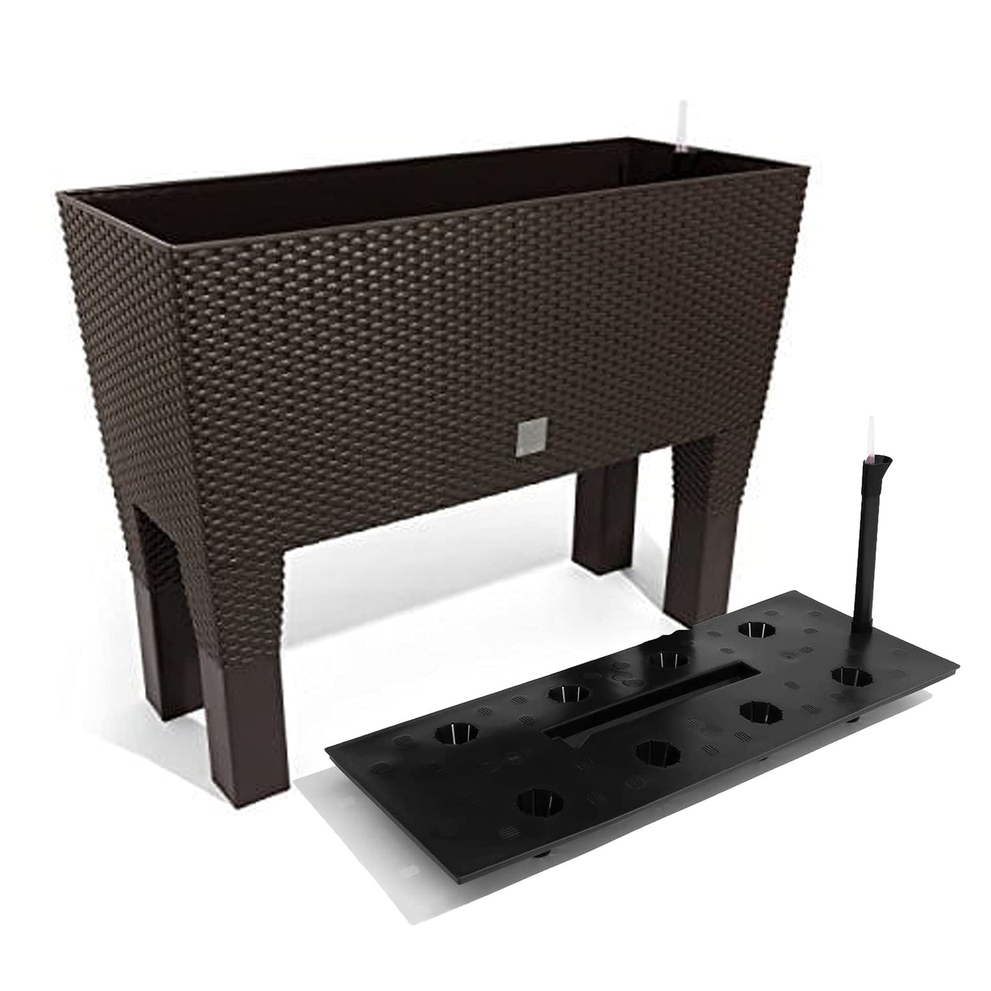 Jardinera alta rectangular 30 litros con autorriego color ocre oscuro 60 x 25 x 46 cm con patas
