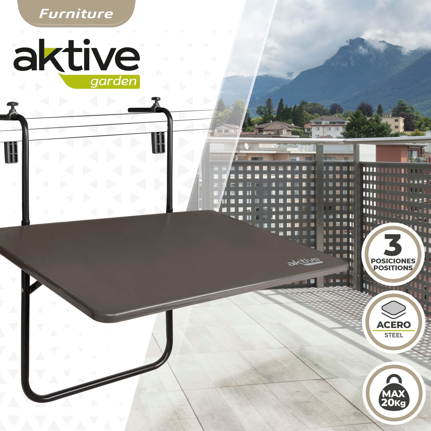 Mesa plegable balcón multiposición Aktive, Gris, 61034