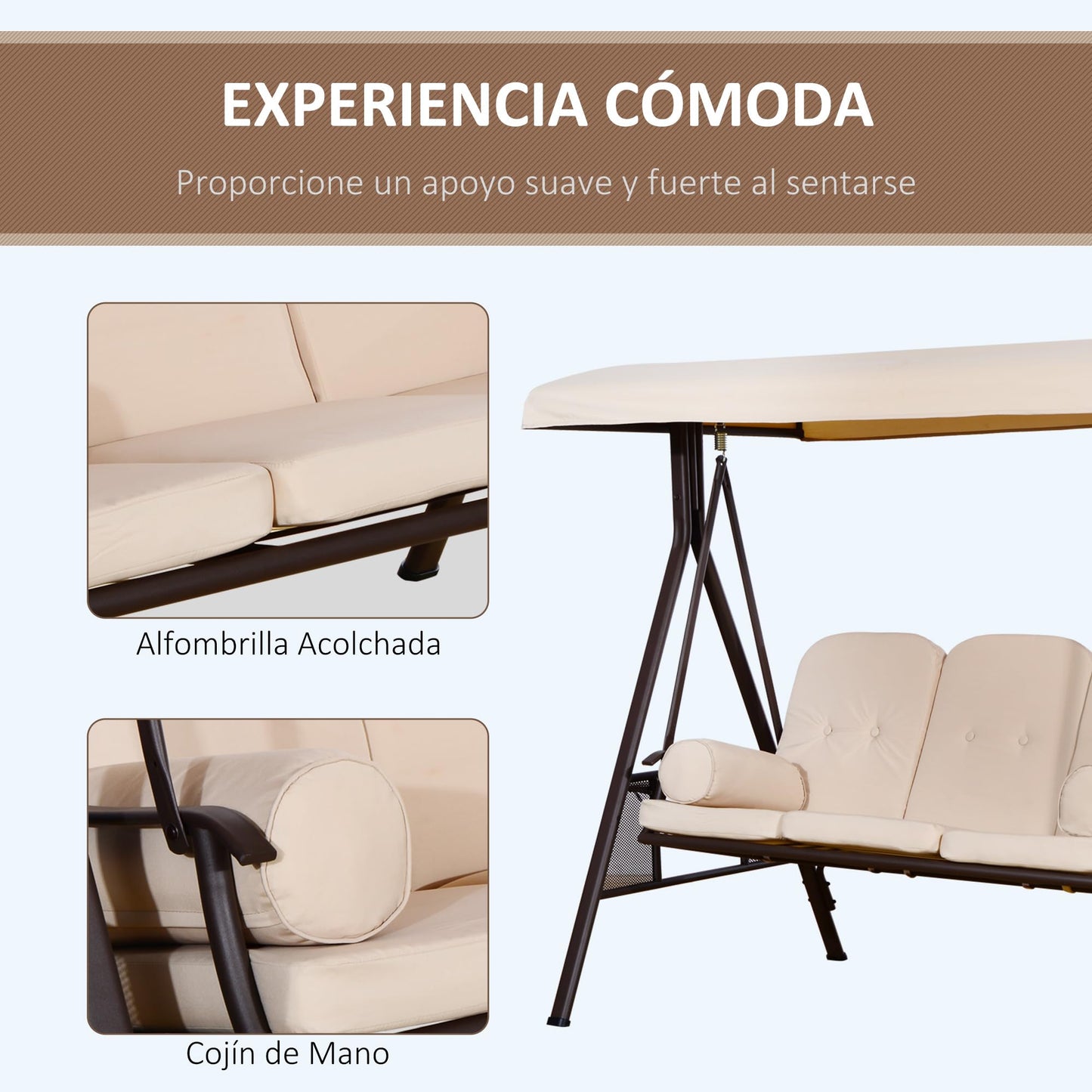 Outsunny Columpio Balancín de Jardín de 3 Plazas con Techo Parasol 2 Cojines Bandeja para Bebidas y Marco de Metal para Terraza Balcón Exterior Carga MAX. 360 kg 207x120,5x174 cm Beige