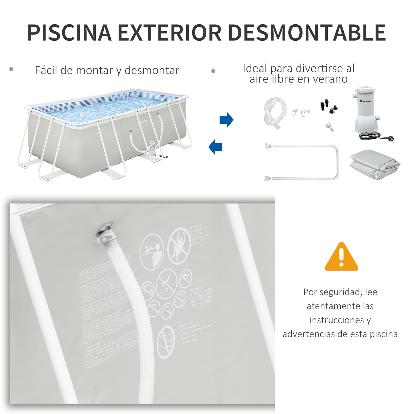 Outsunny Piscina Desmontable 440x240x122 cm Piscina Rectangular de Exterior con Depuradora de Cartucho 4,000 L/H y Marco de Acero 9760 L Gris