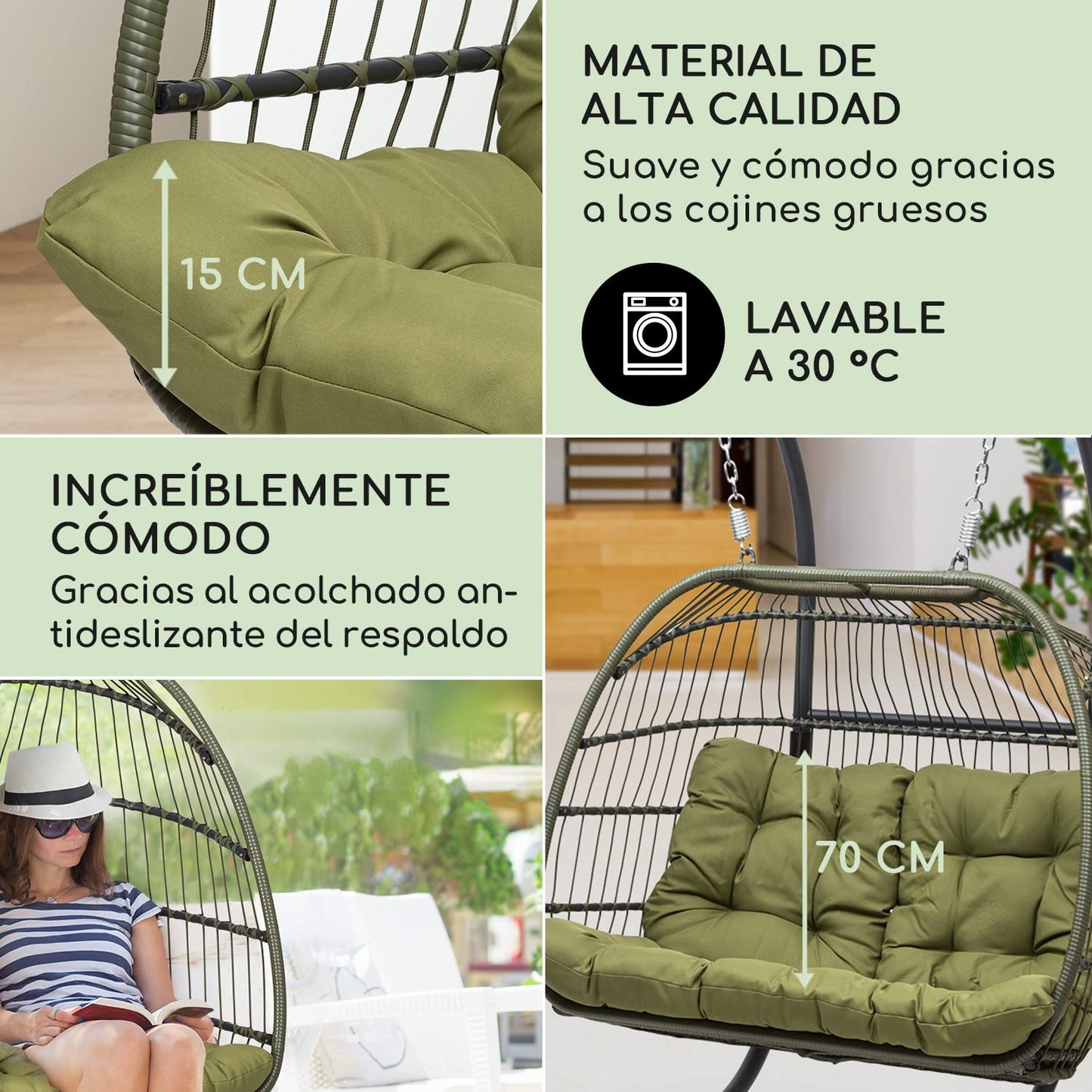 Blumfeldt Columpio Jardin Exterior Doble, Silla Colgante con Soporte para Colgar con Base para Jardín Patio y Dormitorio, Hamaca Colgante con 2 Cojines, Balancin Jardin Exterior Mimbre Resistente