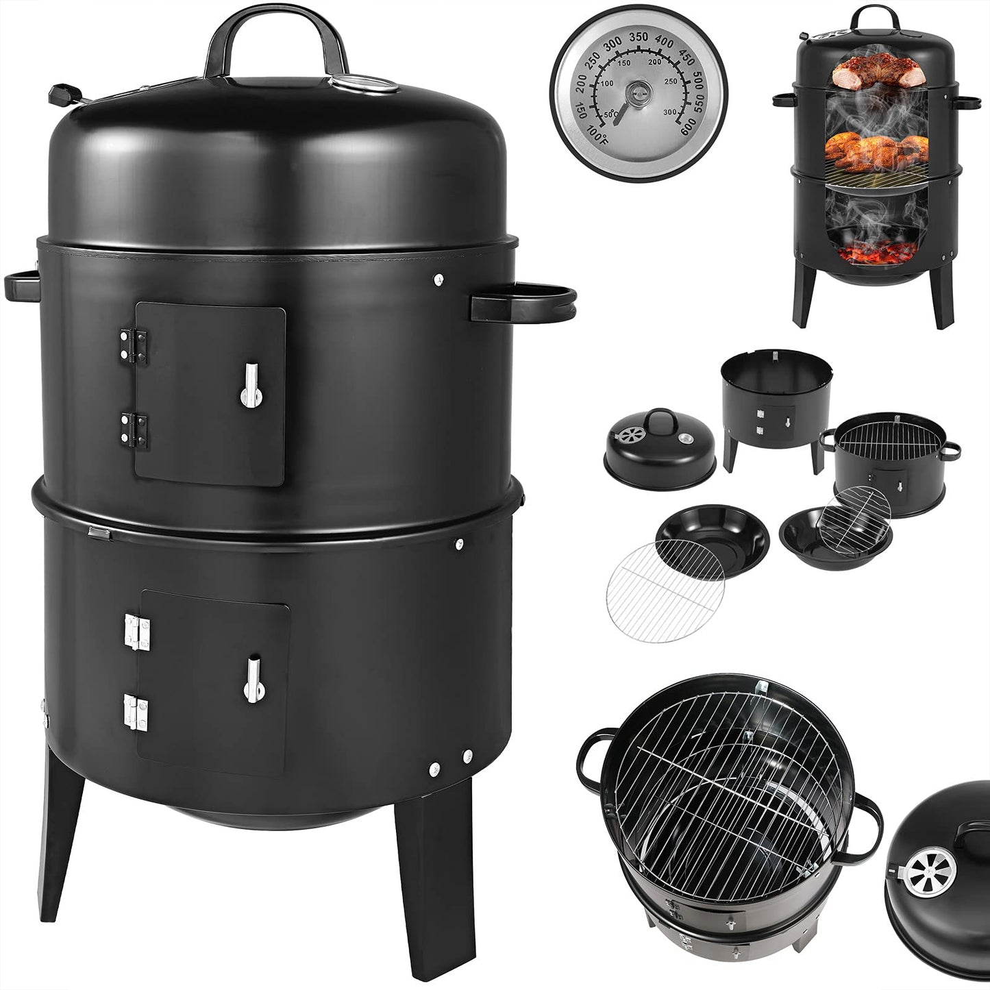 Gardebruk Barbacoa Ahumador de Carbón 3en1 Barril de Parrilla con Termómetro Plegable Horno para Ahumar Grill