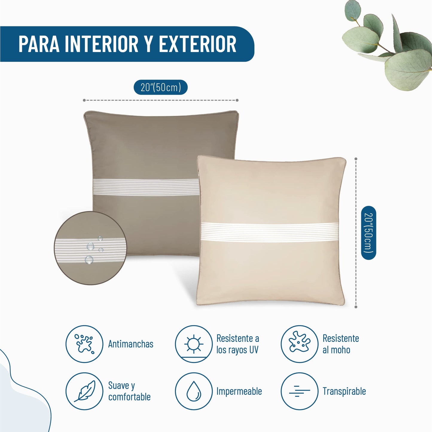 Blau Marité Pack 2 Fundas Cojín Decorativo Impermeables y Anti-Manchas. Suaves y agradables al Tacto. Ideal para Interior y Exterior. (Marrón / 50x50cm)