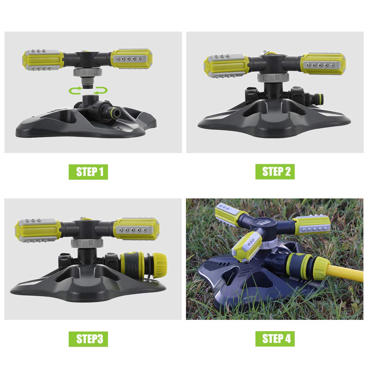 DEWINNER Aspersor de Jardín Automático, Aspersor Giratorio de Césped de 360 °, Suministros de Jardinería Ajustables, Sistema de Riego con Boquilla de 3 Brazos para Equipos