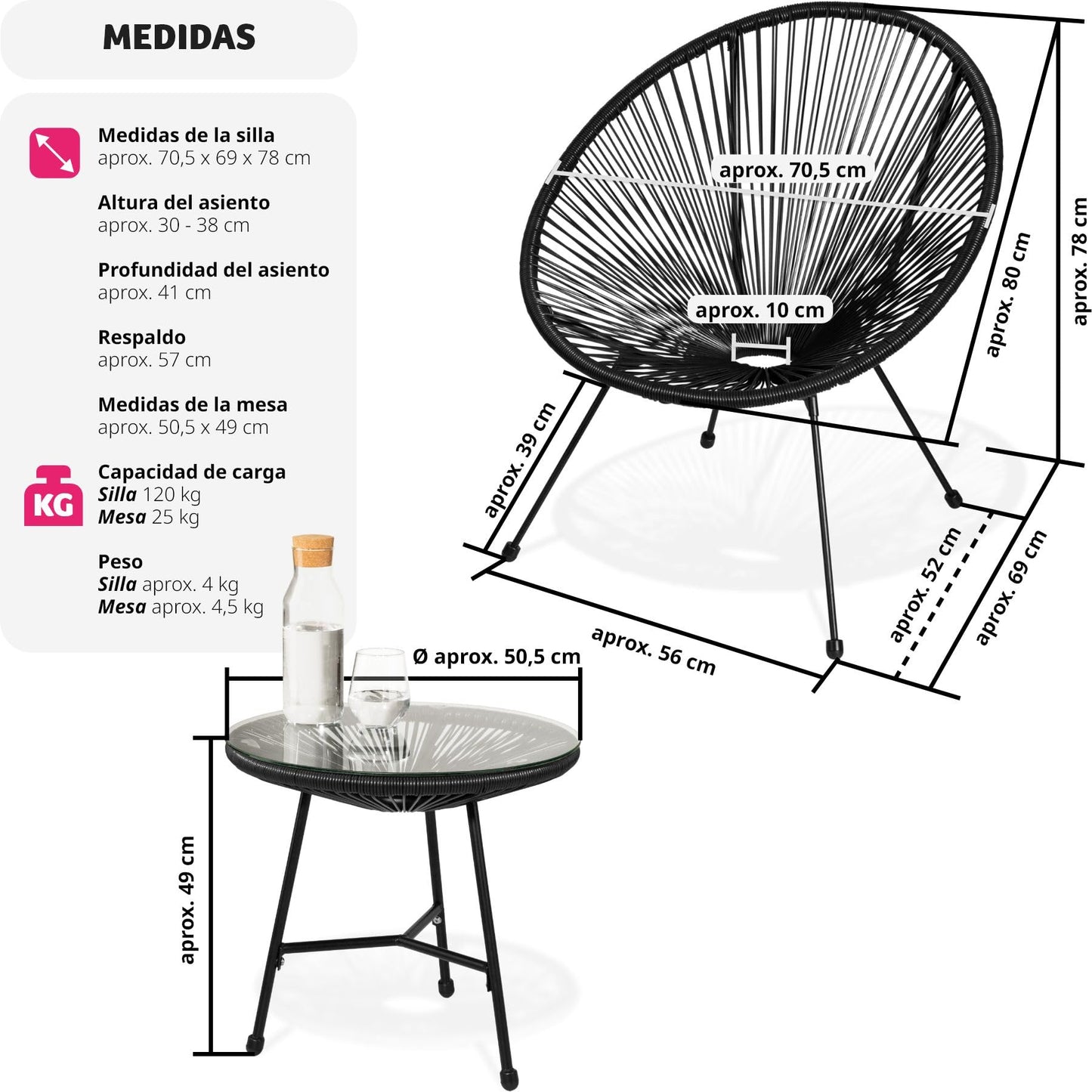tectake® Conjunto Muebles Jardín Exterior de Acero, Estilo Acapulco, 2 Sillas y 1 Mesa con Cristal, Mesa y Sillas de Terraza Resistentes a Intemperie,Topes en Patas, para Interior y Exterior - negro