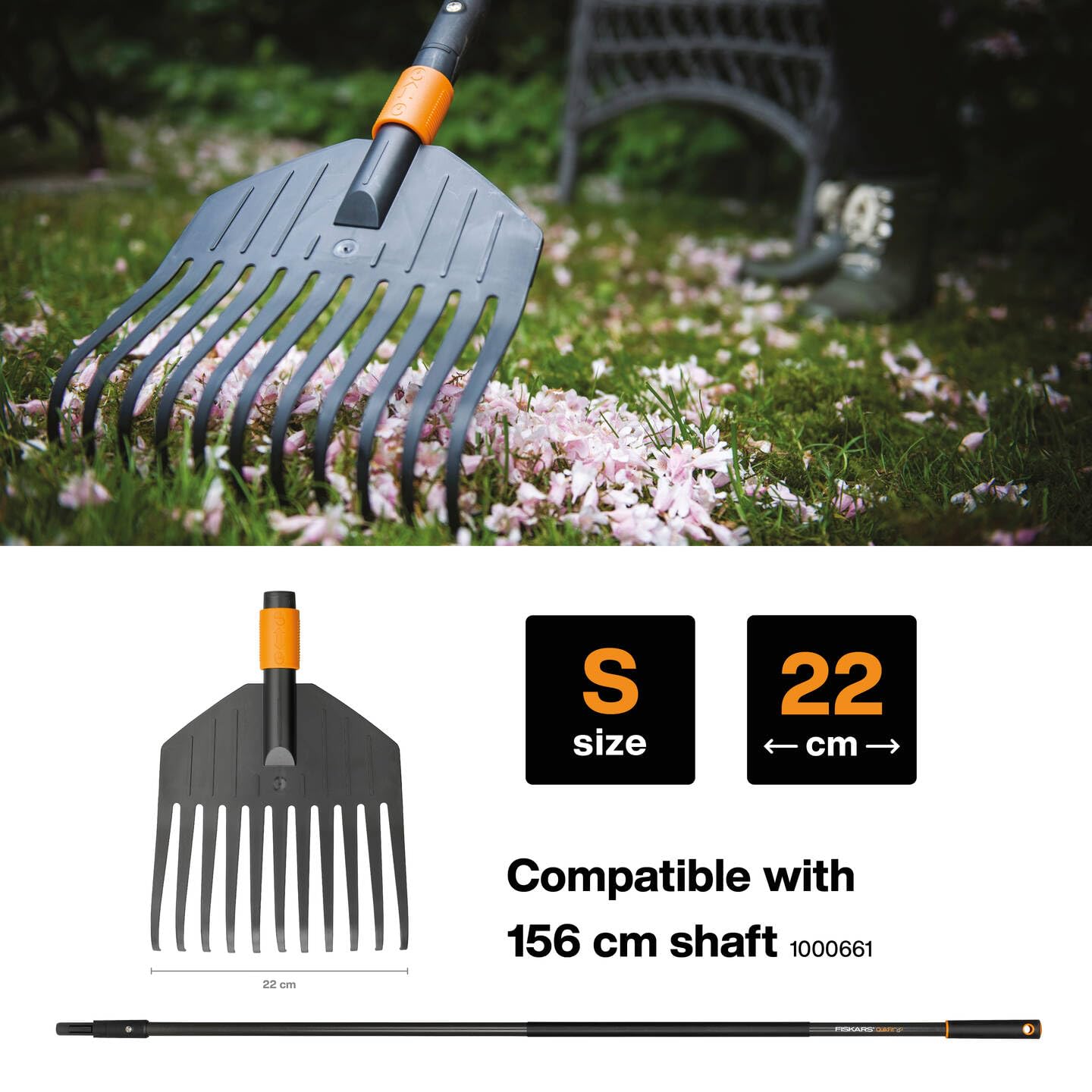 Fiskars Rastrillo pequeño para hojas, cabeza de la herramienta, 11 dientes, Longitud: 21,3 cm, dientes de plástico, Negro/Naranja, QuikFit, 1000659