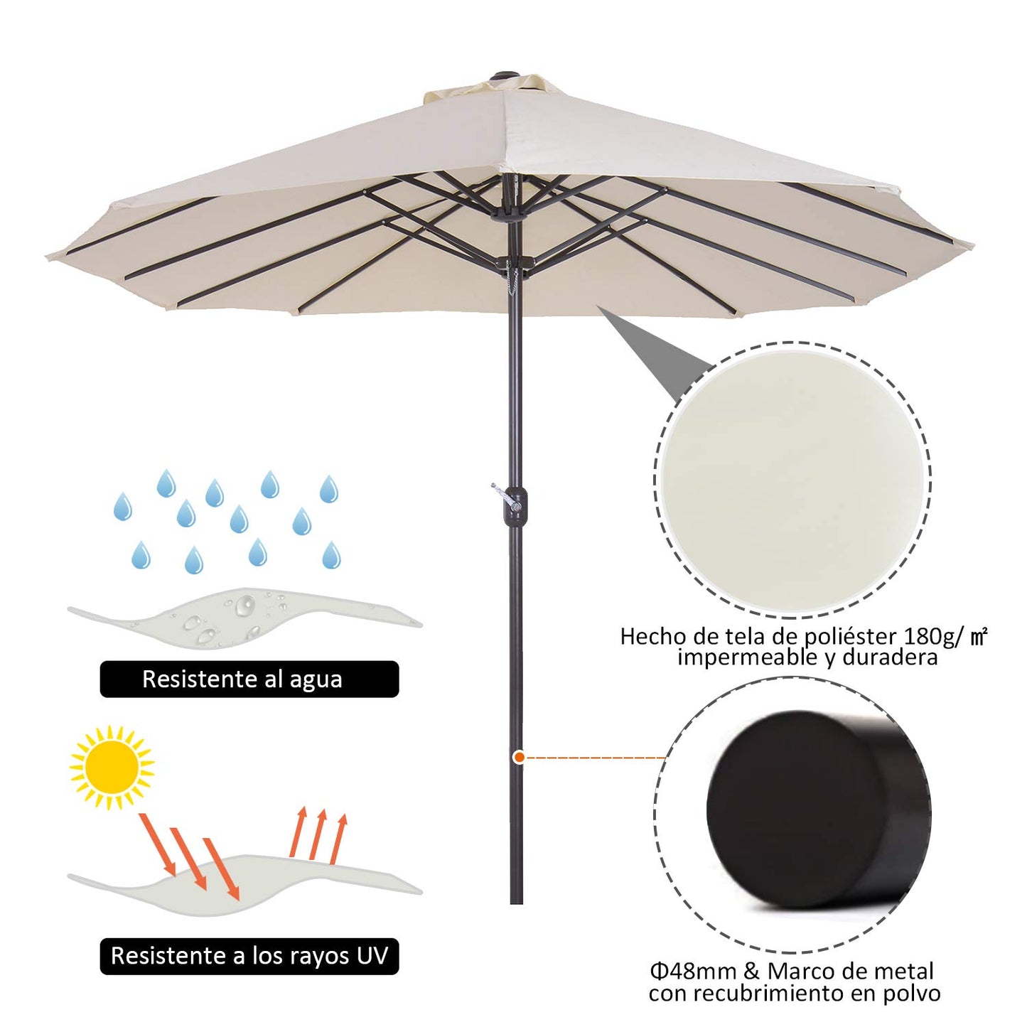 Outsunny Sombrilla Parasol Doble para Jardín Sombrilla Gigantede para Playa Carpas Toldos de Terraza Tela de Poliéster Protección Solar UV 4.6x2.7x2.4m Crema
