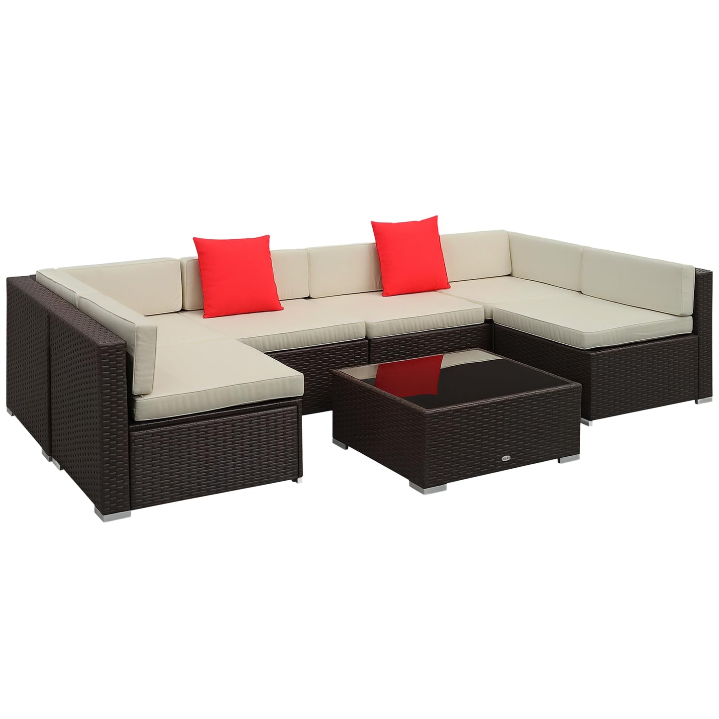 Outsunny Conjunto Muebles de Jardín Ratán 7 Piezas Set de Sofás Patio con 1 Mesita Almohada y Cojín Incluido Marco Acero Resistente Intemperie UV para Exterior Marrón