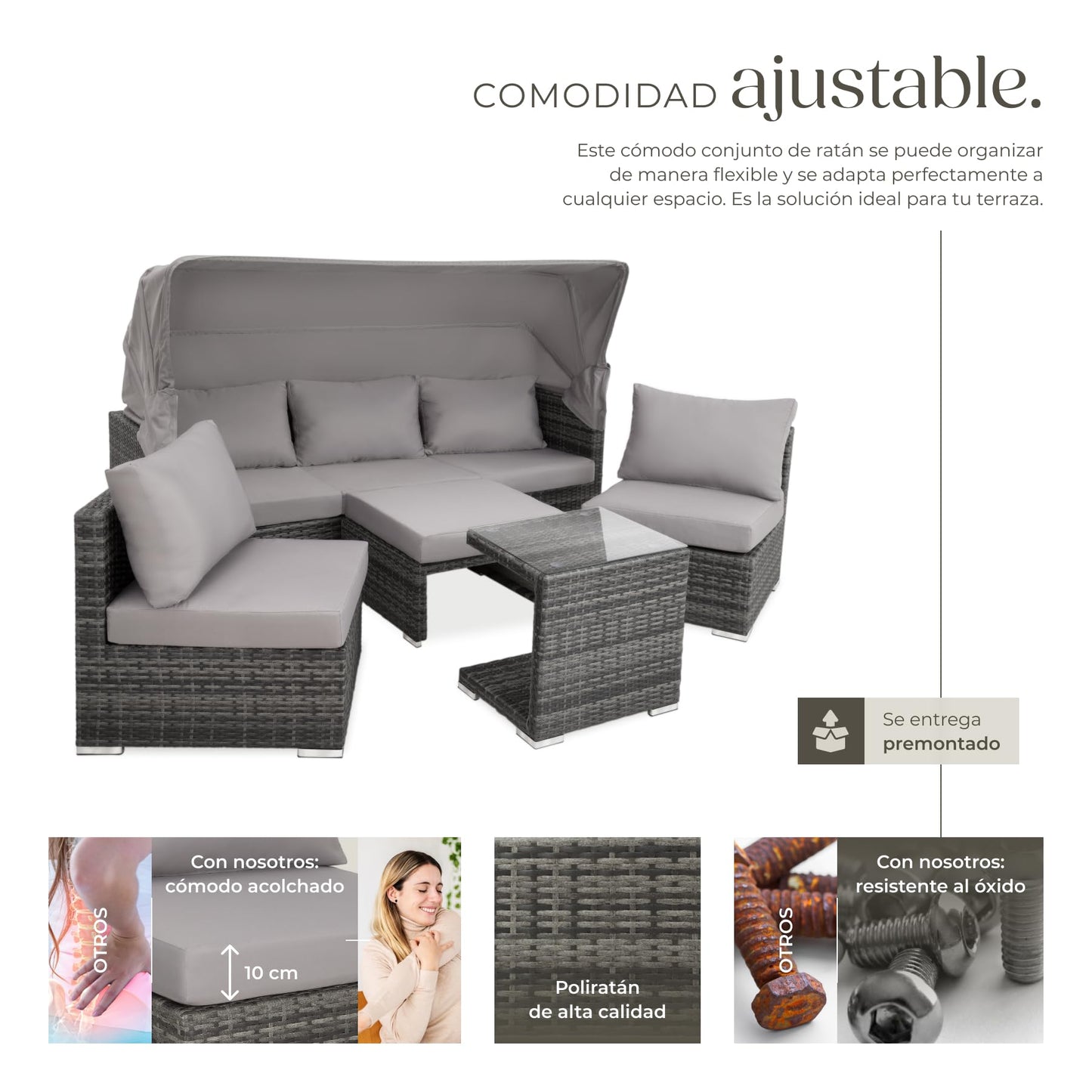 TecTake® Conjunto Jardín de Ratán con Cojines Grosor 10 cm, Muebles Jardín Exterior 2 Sofás, 2 Sillones, 1 Taburete, Conjunto Terraza Resistente a la Intemperie, Respaldo Ajustable, Sin Montaje - Gris
