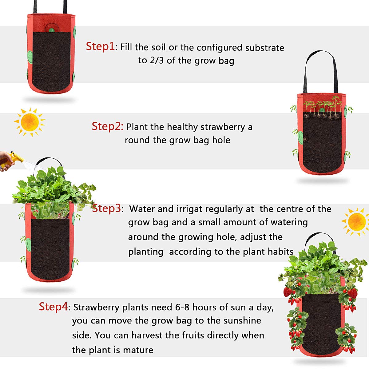 Ulikey 2Pcs Bolsas de Cultivo de Fresa, 3 Gallones Bolsa para Plantas Fresas Bolsa de Macetas Colgantes con Asas No Tejidos Transpirables con 13 Agujeros para Papas, Tomates y Fresas (2pcs - Rojo)