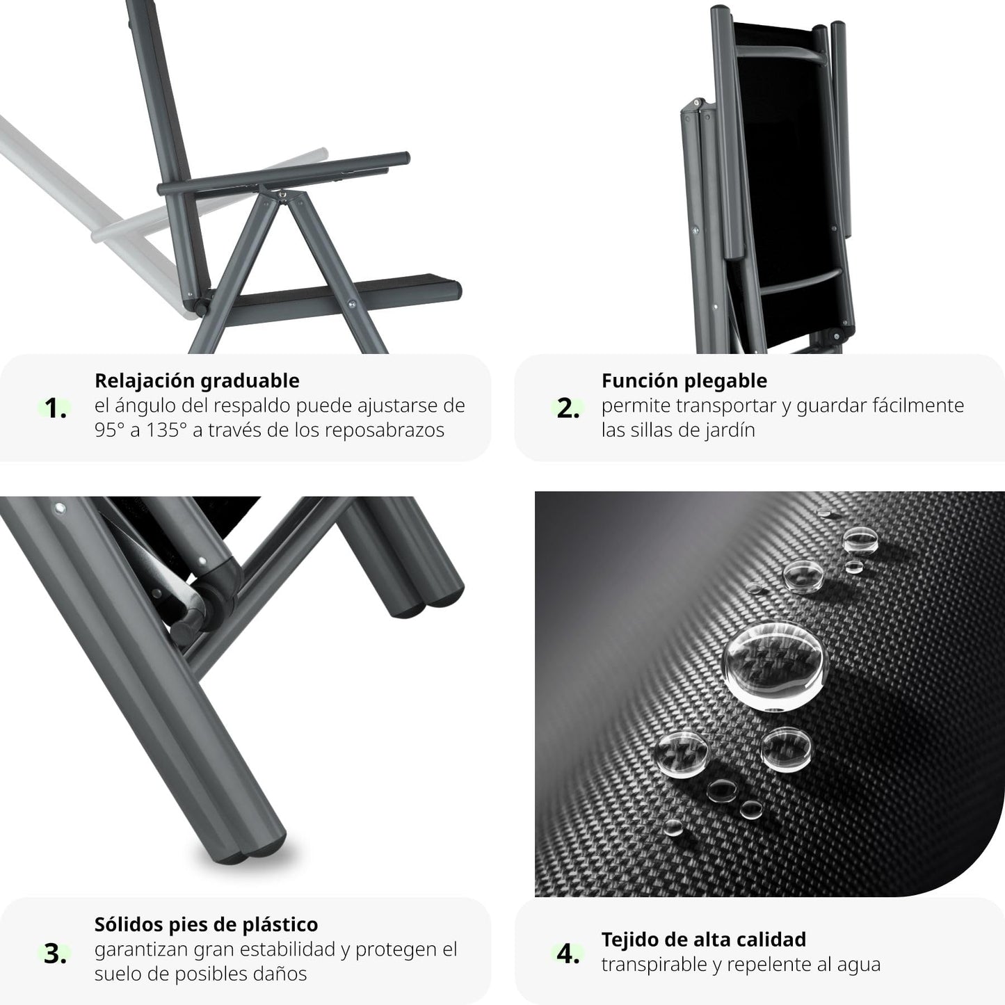 TecTake® Conjunto Muebles Jardín Exterior 9 Piezas, Estructura de Aluminio, Mesa y Sillas Terraza Impermeables, Resistentes a Intemperie, Sillas Plegables y Reclinables, Tela Transpirable - Plata