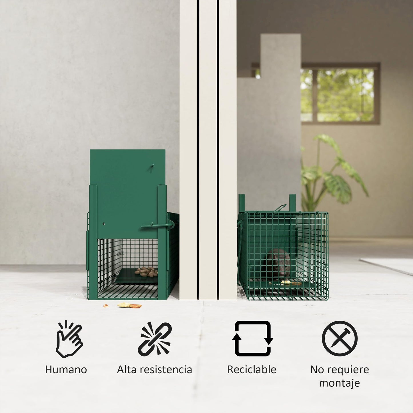 Outsunny Trampa para Animales Vivos con Puerta Jaula de Captura Metálica con Asa para Conejos Visones Pequeños 60x18x20 cm Verde Oscuro