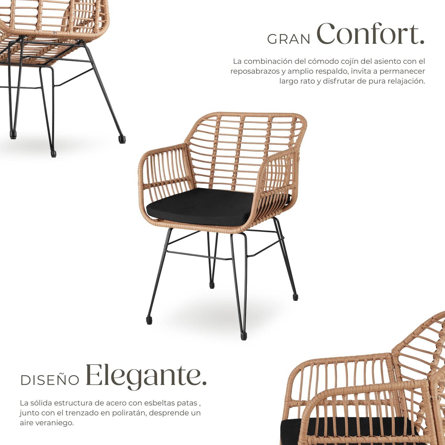 TecTake® Conjunto Jardín Exterior de Ratán y Acero para 2 Personas, Muebles Jardín Exterior Resistentes a Intemperie, 2 Sillas con Cojines (Fundas Extraíbles), 1 Mesa con Cristal - Natural