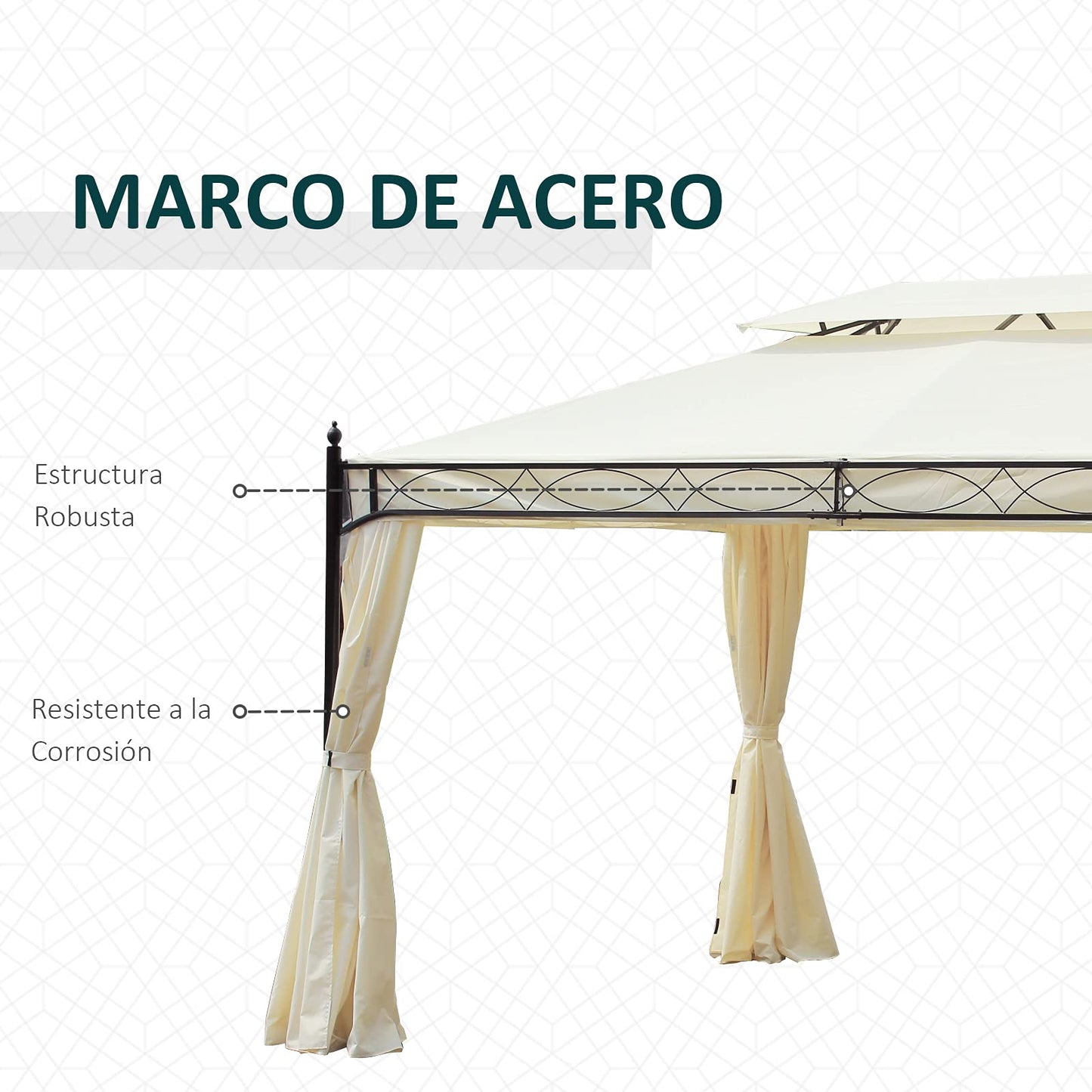 Outsunny Cenador de Jardín 4x3m Pabellón con Techo Doble Transpirable y 4 Cortinas Laterales Extraíbles Carpa de Acero Anti-UV Gazebo para Fiestas Bodas Eventos al Aire Libre Crema