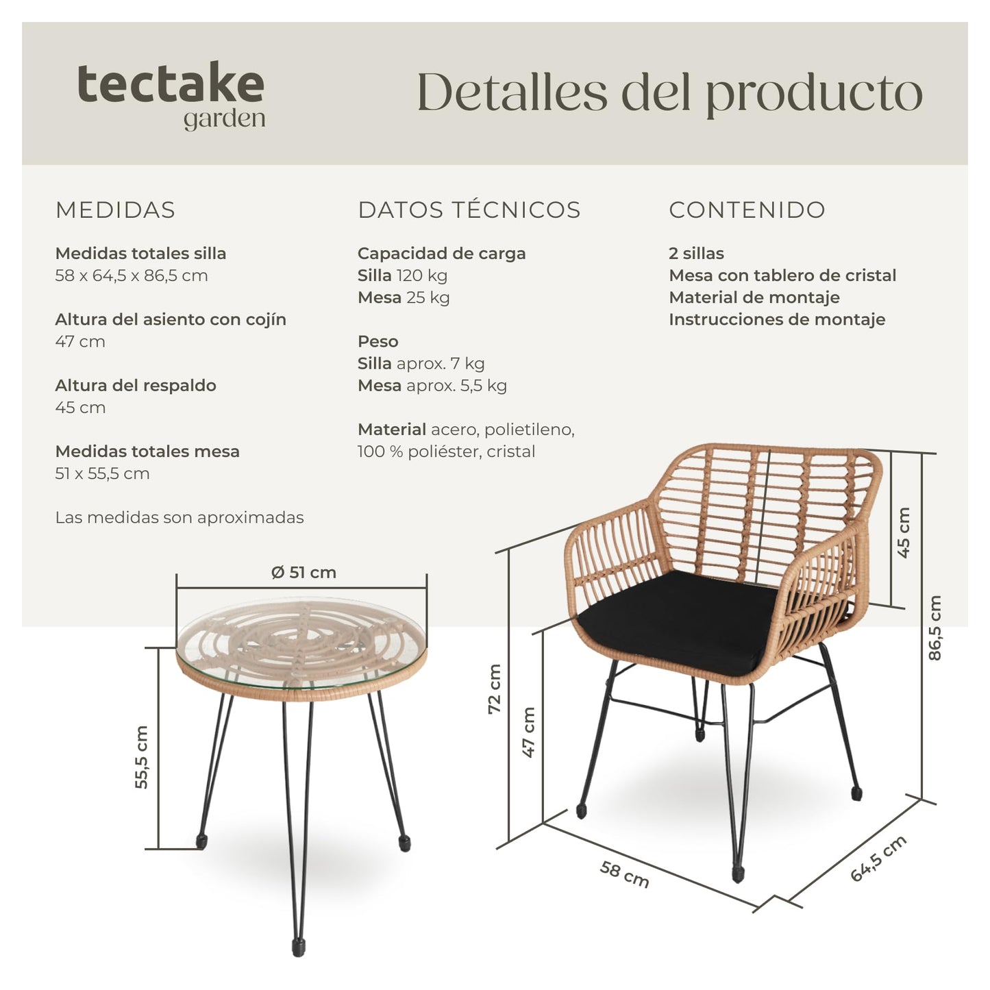 TecTake® Conjunto Jardín Exterior de Ratán y Acero para 2 Personas, Muebles Jardín Exterior Resistentes a Intemperie, 2 Sillas con Cojines (Fundas Extraíbles), 1 Mesa con Cristal - Natural