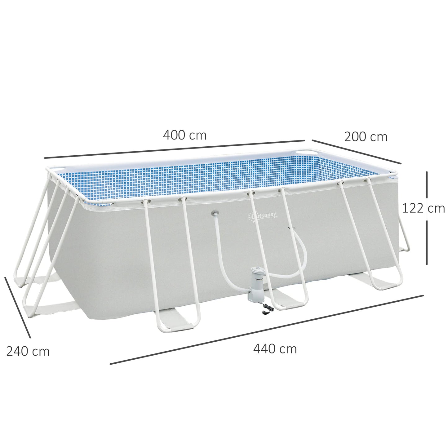 Outsunny Piscina Desmontable 440x240x122 cm Piscina Rectangular de Exterior con Depuradora de Cartucho 4,000 L/H y Marco de Acero 9760 L Gris