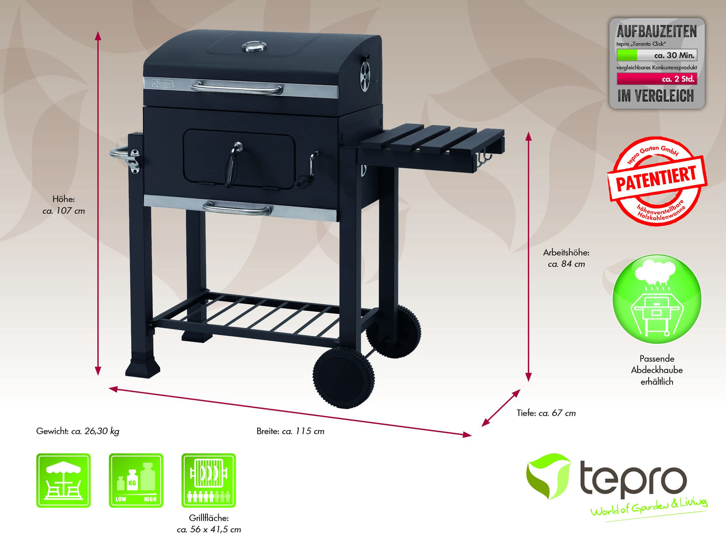 Tepro Toronto Click - Barbacoa de carbón, antracita y acero inoxidable