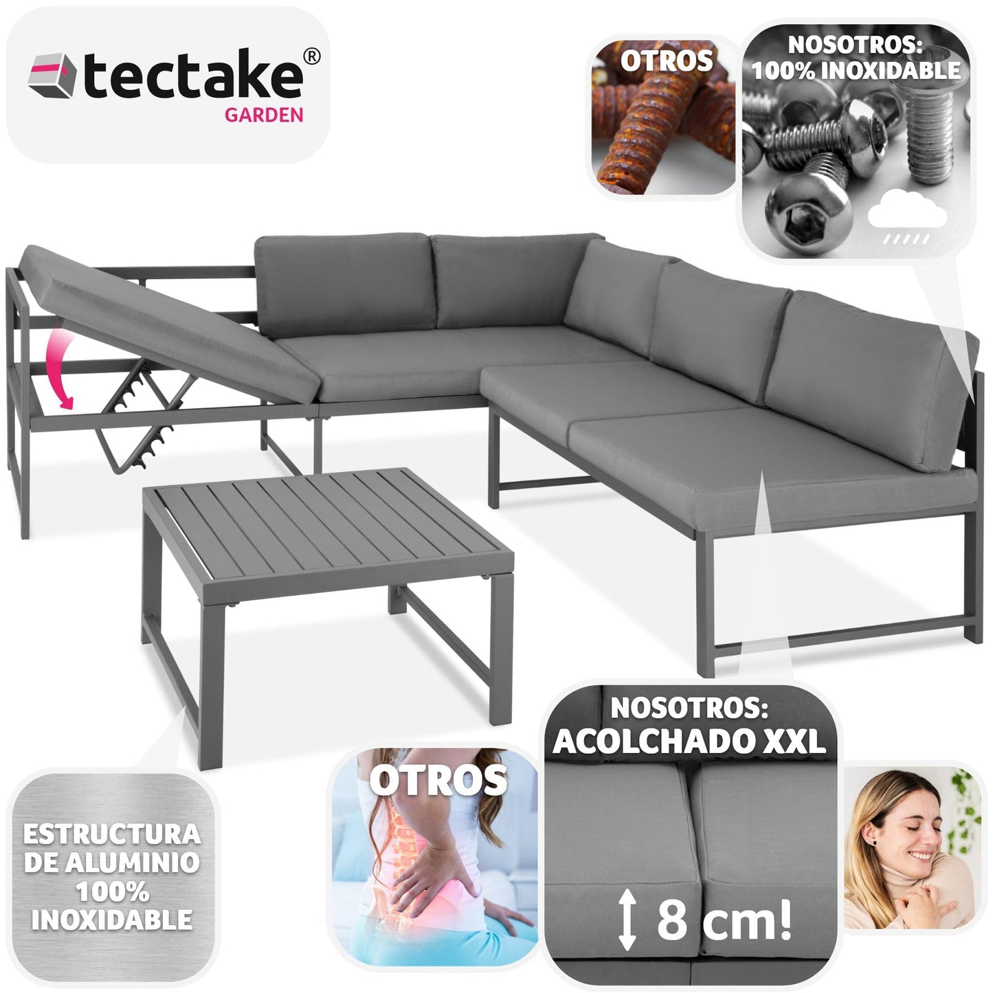 tectake® Conjunto Muebles Jardín Exterior Agrupables, 2 Sofás Reclinables con Cojines y 1 Mesa, Mesa y Sillas Terraza Impermeables y Resistentes a Intemperie, Estructura de Aluminio - Mesa con Láminas