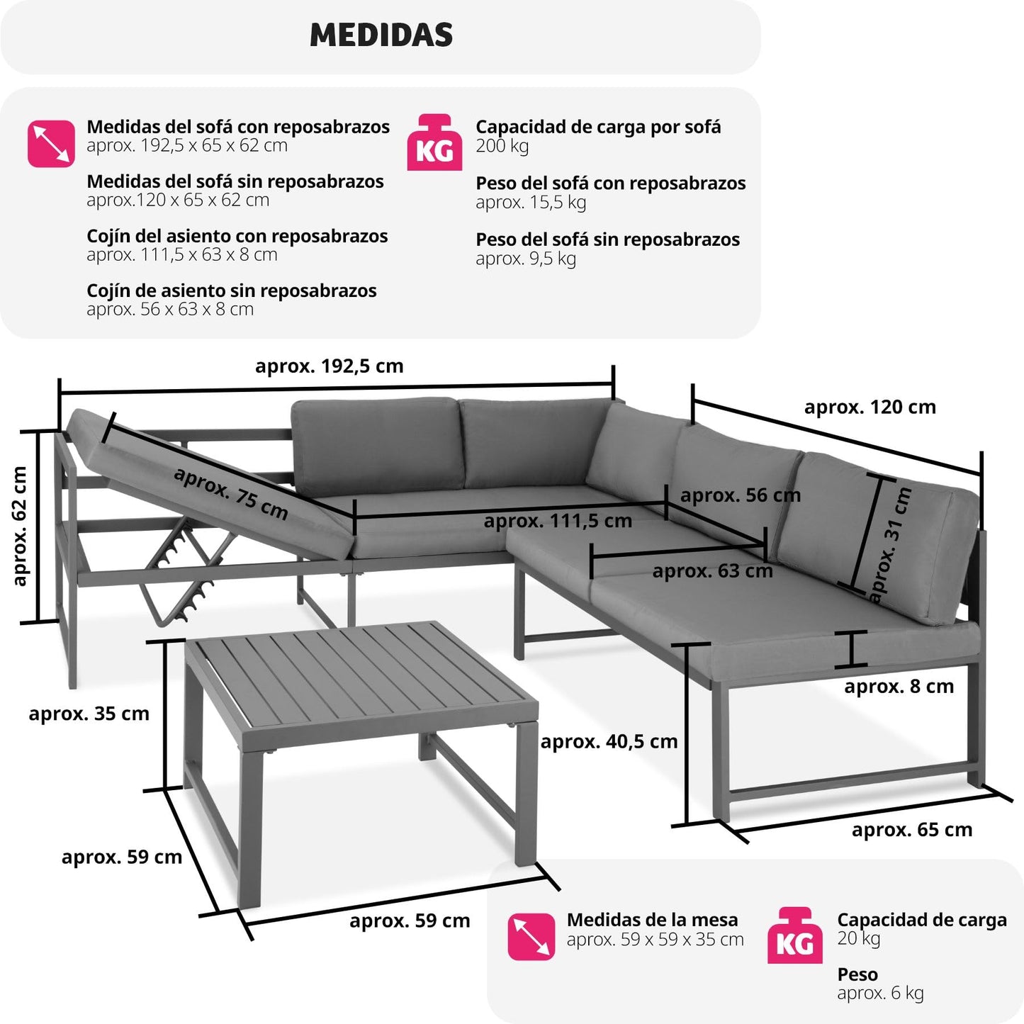 tectake® Conjunto Muebles Jardín Exterior Agrupables, 2 Sofás Reclinables con Cojines y 1 Mesa, Mesa y Sillas Terraza Impermeables y Resistentes a Intemperie, Estructura de Aluminio - Mesa con Láminas