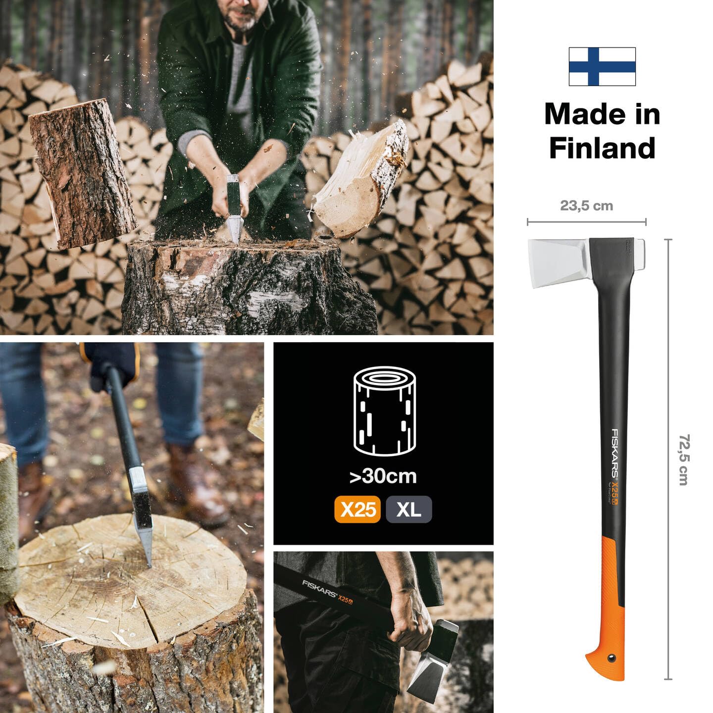 Fiskars Hacha 2,4 kg, Con estuche de almacenamiento y transporte, Longitud: 77 cm, Capa antiadherente, Cuchilla de acero/Mango de fibra de vidrio, Negro/Naranja, X25–XL, 1015643