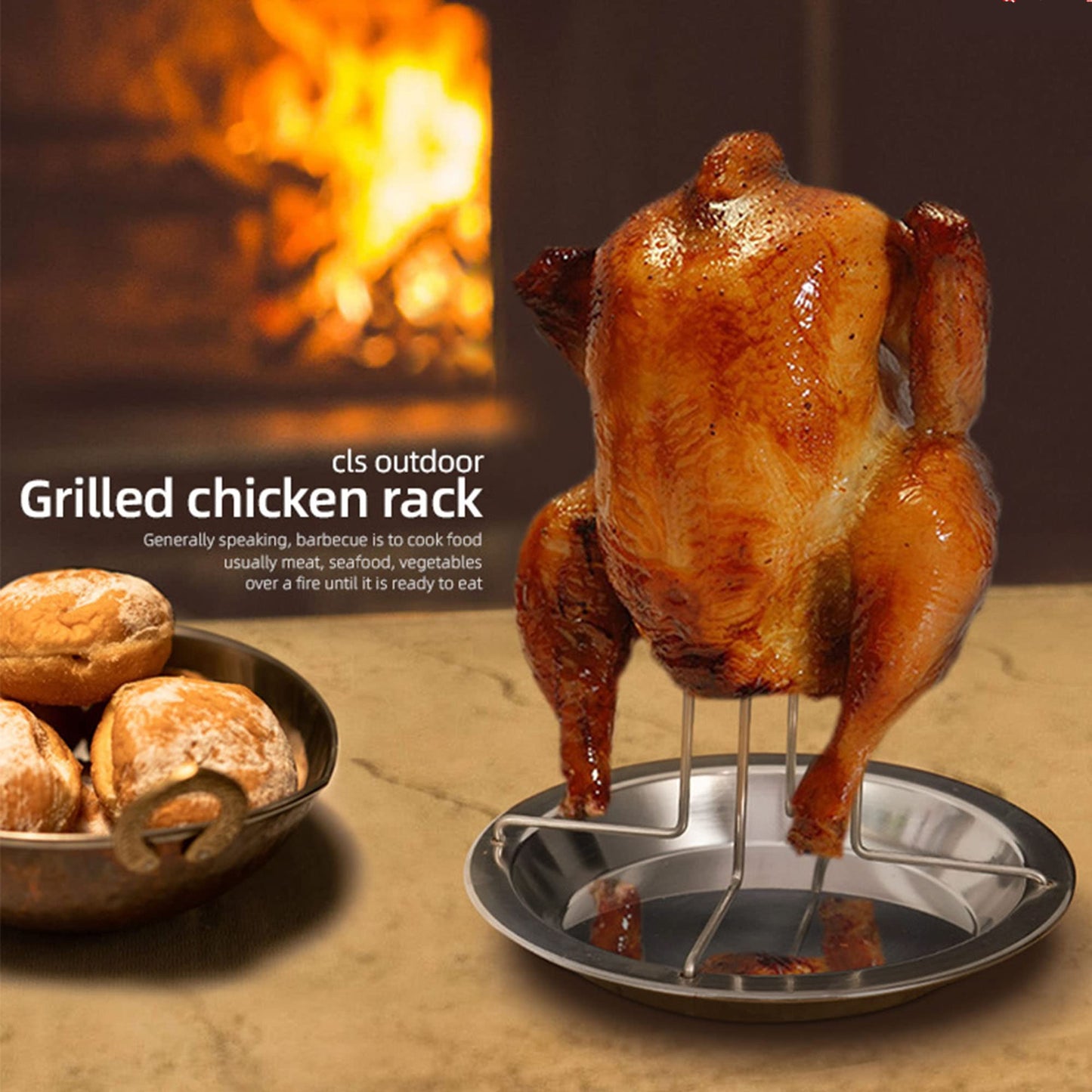 XFLYP Pollo Barbacoa Soporte, Posavasos de Acero Inoxidable para Pollo con Bandeja de Goteo, Asador Vertical de Pollo, Barbacoa y Accesorio para Parrilla