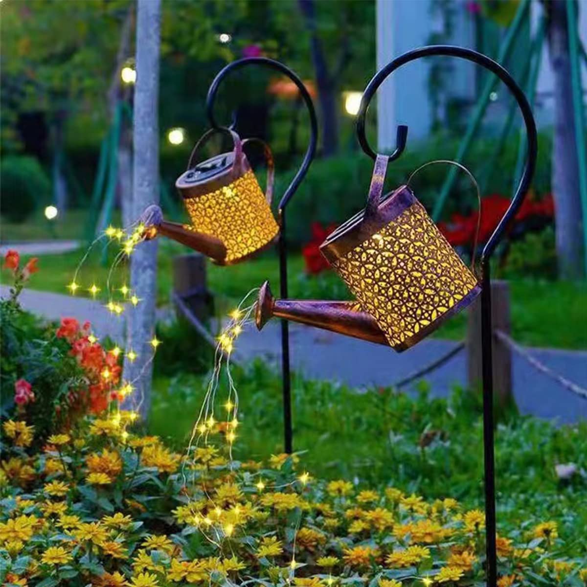 Deluisho Luz Solar para Regadera, 2PCS Luces Solares Led Exterior Jardin Farolillos Solares Exterior Decorativa Retro Resistente a la Intemperie para Patio, Balcón, Jardín(con soporte)
