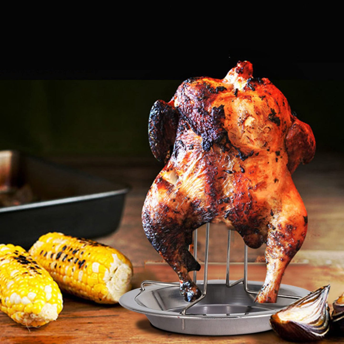 XFLYP Pollo Barbacoa Soporte, Posavasos de Acero Inoxidable para Pollo con Bandeja de Goteo, Asador Vertical de Pollo, Barbacoa y Accesorio para Parrilla