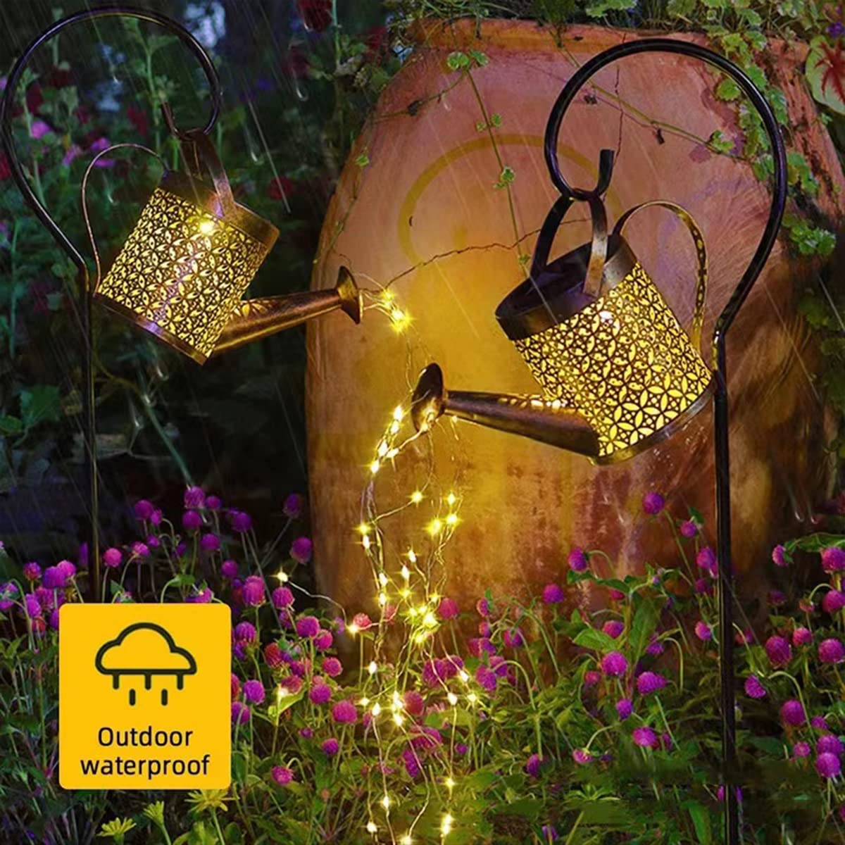 Deluisho Luz Solar para Regadera, 2PCS Luces Solares Led Exterior Jardin Farolillos Solares Exterior Decorativa Retro Resistente a la Intemperie para Patio, Balcón, Jardín(con soporte)