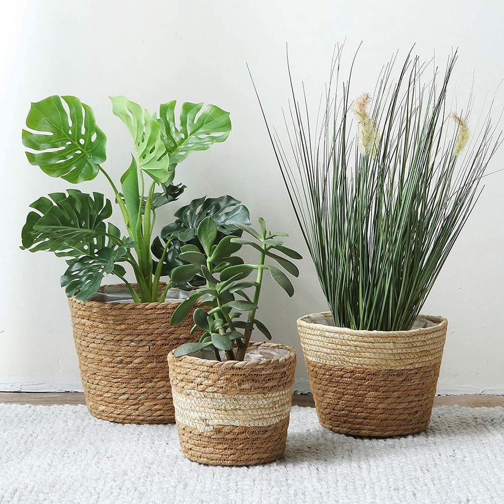 KAHEIGN 3 Piezas Pastos Marinos Cesta De Macetero, 3 Tamaño Tejido Maceta Bajo Techo Exteriores - Macetas Cubrir Cesta De Almacenamiento Contenedores De Plantas para La Decoración del Hogar (Beige)