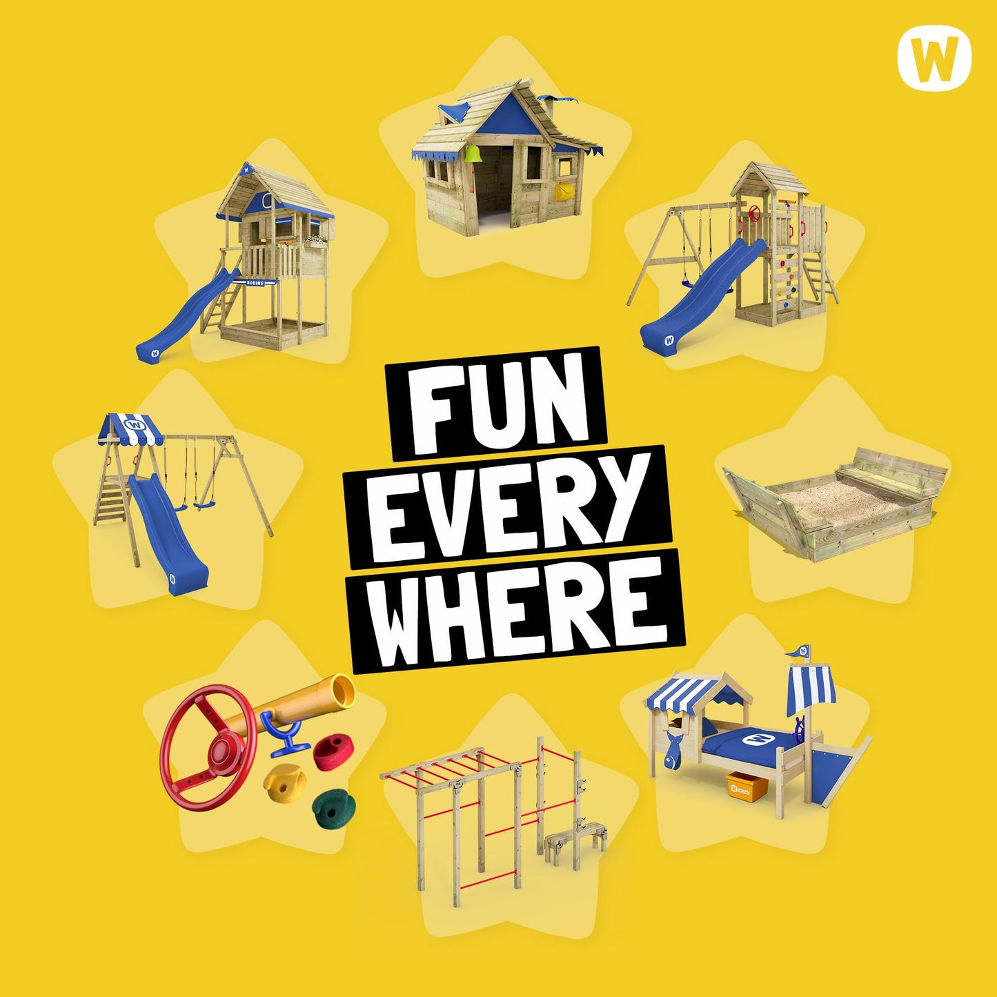 WICKEY Parque Infantil Smart Coast con Columpio y tobogán Rojo, Torre de Escalada Infantil de Exterior con arenero, Escalera y Accesorios de Juego para el jardín