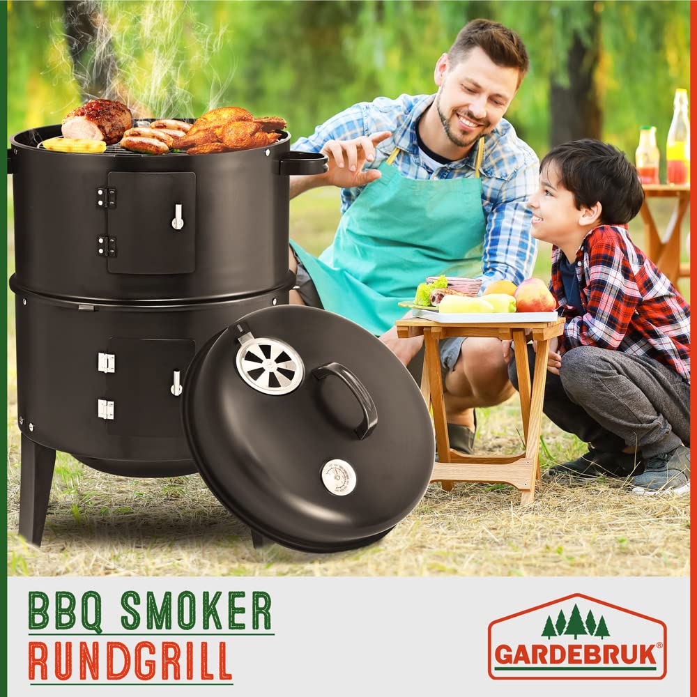 Gardebruk Barbacoa Ahumador de Carbón 3en1 Barril de Parrilla con Termómetro Plegable Horno para Ahumar Grill