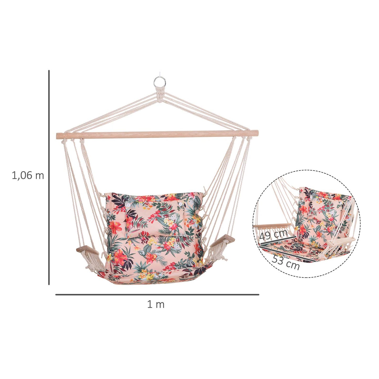 Outsunny Silla Colgante Estampado Floral Hamaca con Cojín Reposacabezas para Interior Exterior 100x106 cm Carga Máx. 100 kg
